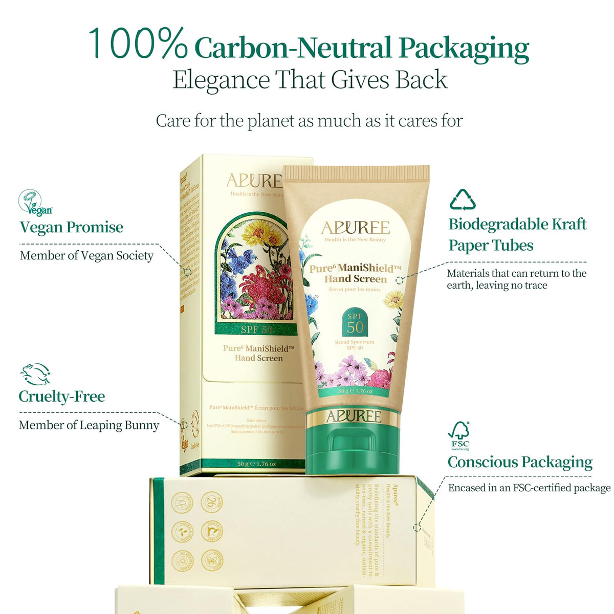 APUREE Hand Screen badge shows vegan cruelty-free claim for conscious care