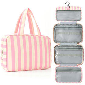 Apxouans toiletry bag with pink stripes, water-resistant for travel organization.