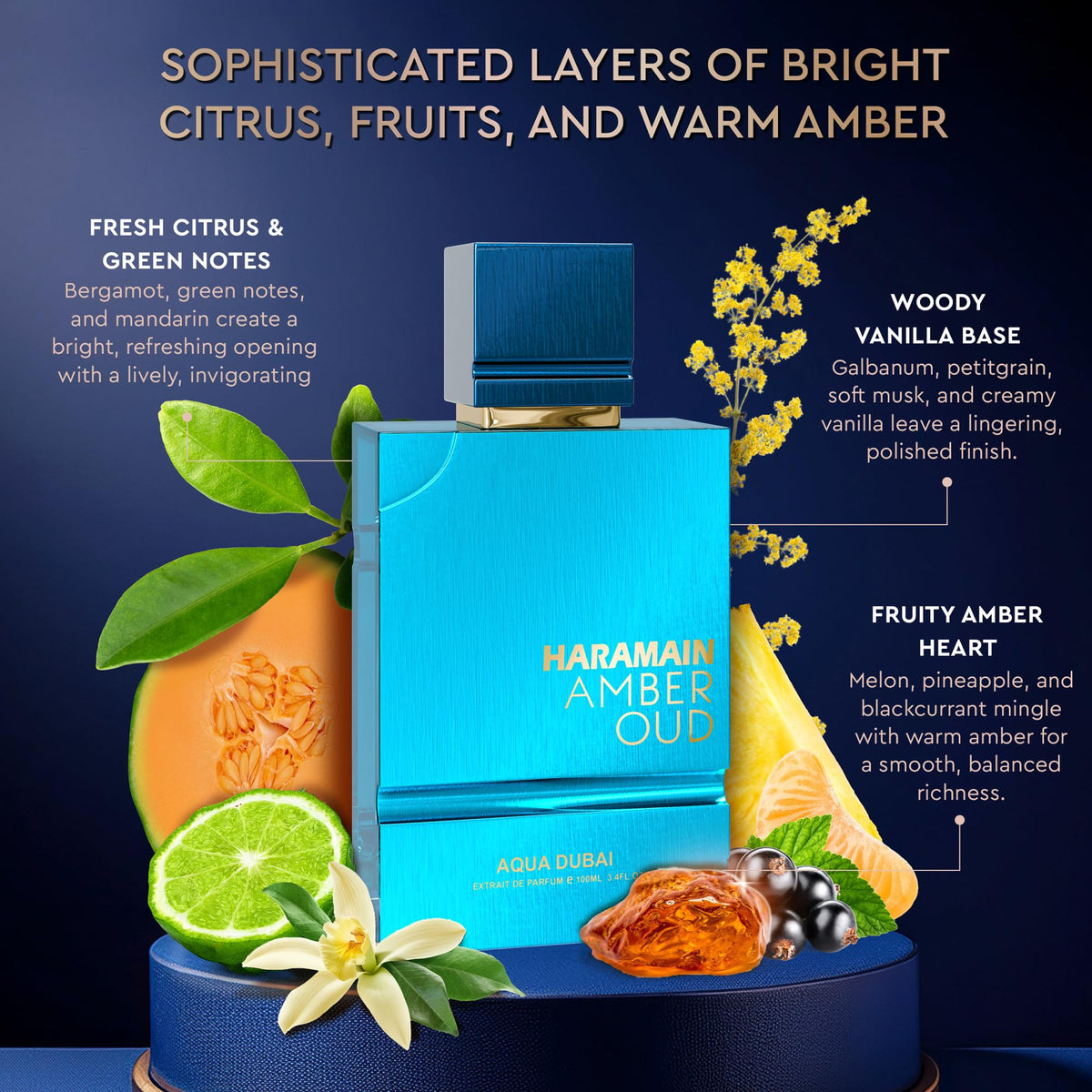 Aqua Dubai Amber Oud base-notes bottle view showing warm vanilla and musk.
