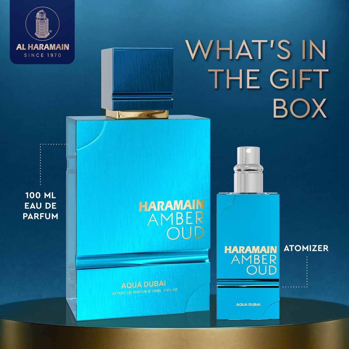 Aqua Dubai Amber Oud top-notes bottle close-up for a fresh daytime vibe.