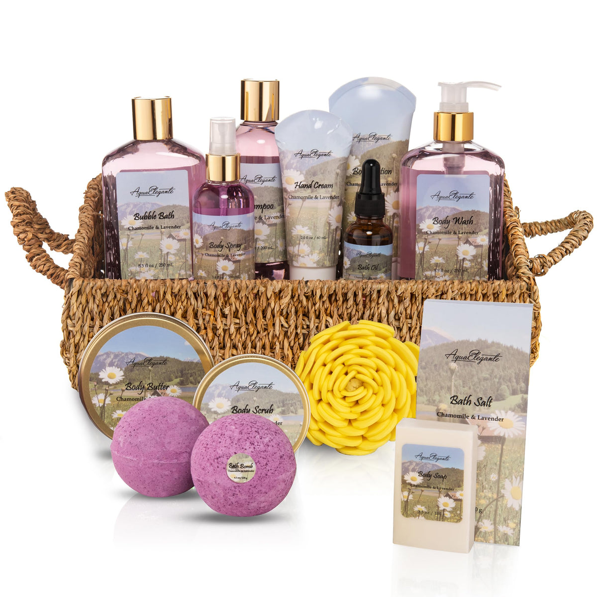 Aqua Elegante Bath Spa Gift Set front view, premium gift-ready basket for special occasions.