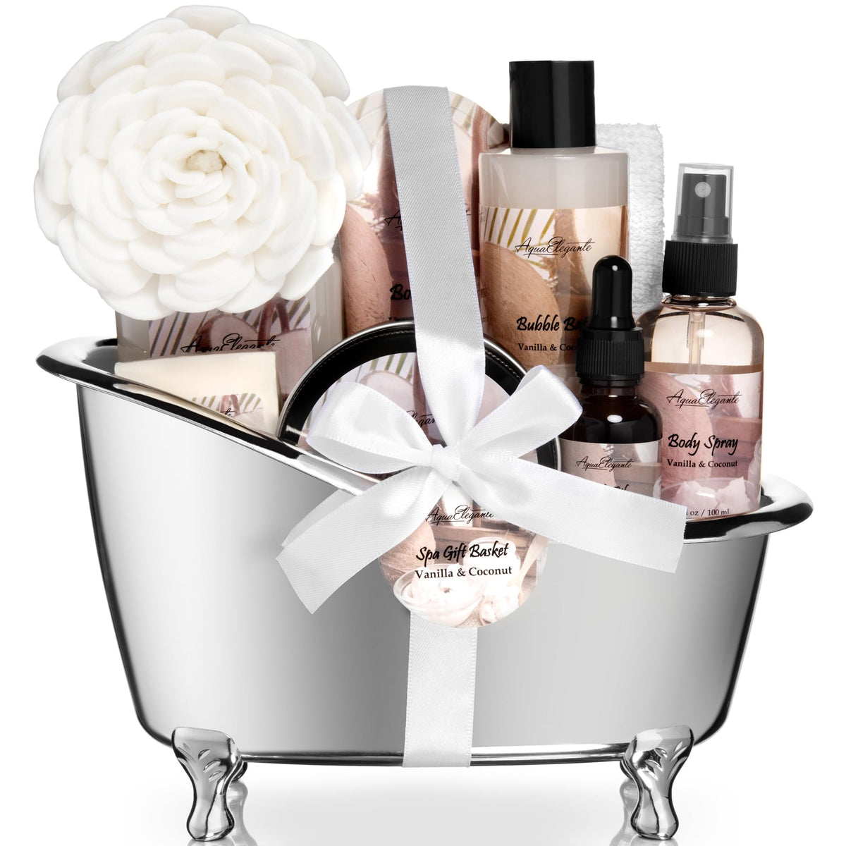 Aqua Elegante spa gift basket packaged for gifting and at-home pampering