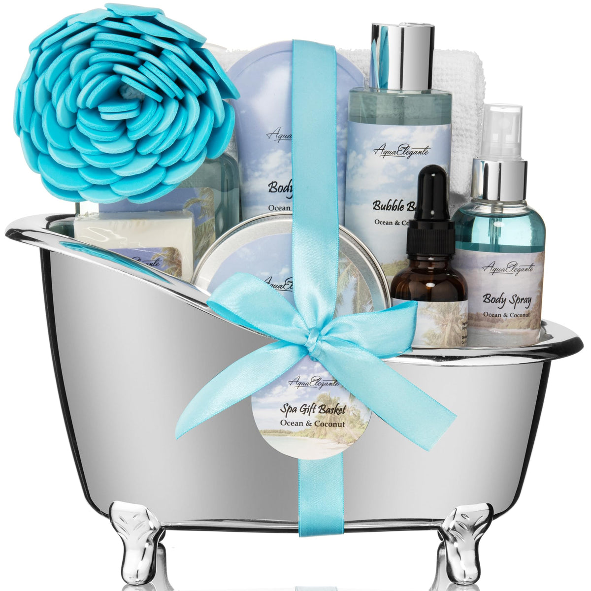 Aqua Elegante spa gift basket wrap, ready for gifting and display