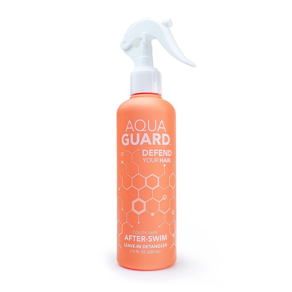 AQUA GUARD after-swim detangler bottle showing easy spray application for post-swim care