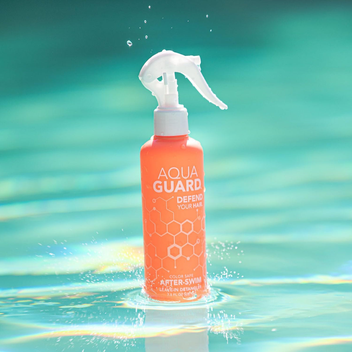 AQUA GUARD after-swim travel-size bottle on a bathroom shelf