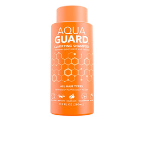 AQUA GUARD Clarifying Shampoo bottle front shows chlorine removal and fresh scent.