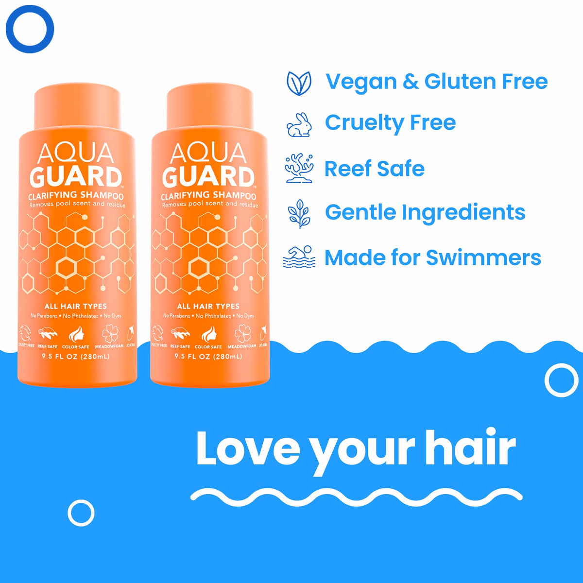 Aqua Guard Clarifying Shampoo label closeup highlighting vegan, paraben-free formulation.
