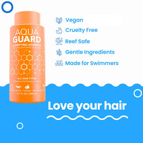 AQUA GUARD Clarifying Shampoo label close-up highlights vegan, paraben-free formula.