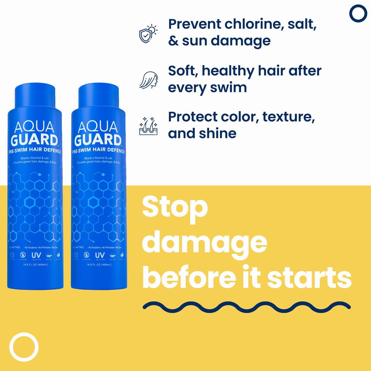 A swimmer holds Aqua Guard bottle ready to protect natural color before chlorine exposure.