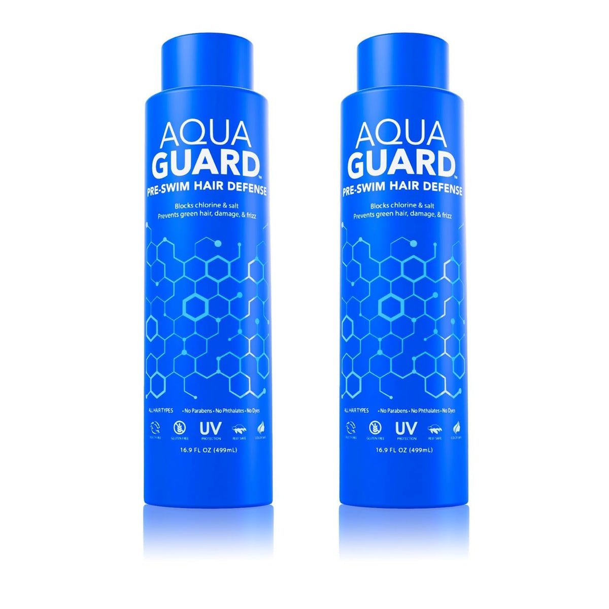 Aqua Guard Pre-Swim Hair Defense bottle applied to damp hair ends for chlorine protection.