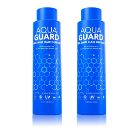 Aqua Guard Pre-Swim Hair Defense bottle applied to damp hair ends for chlorine protection.