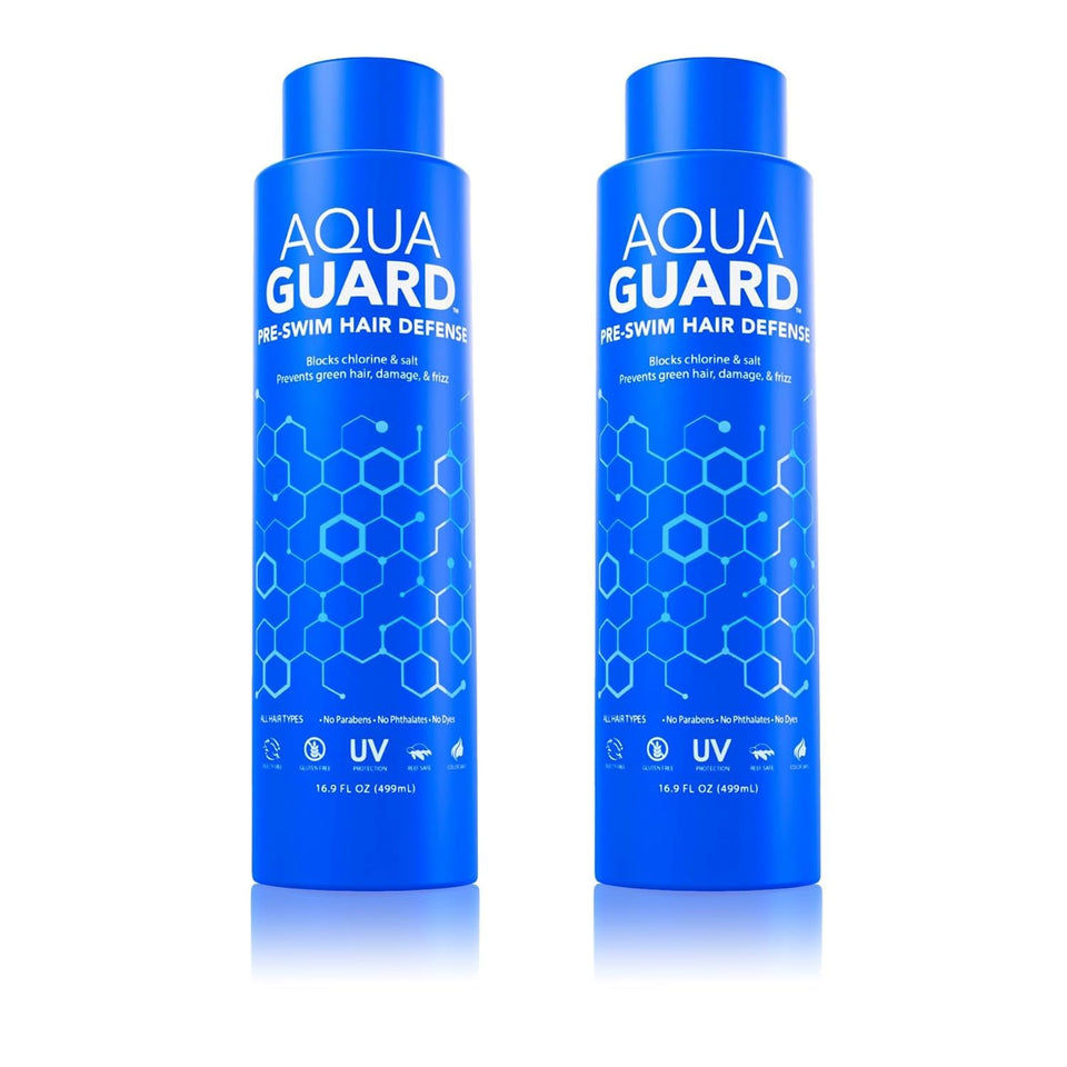 Aqua Guard Pre-Swim Hair Defense bottle applied to damp hair ends for chlorine protection.