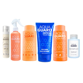 AQUA GUARD Pre-Swim Hair Defense applies a protective barrier before swimming to reduce chlorine exposure