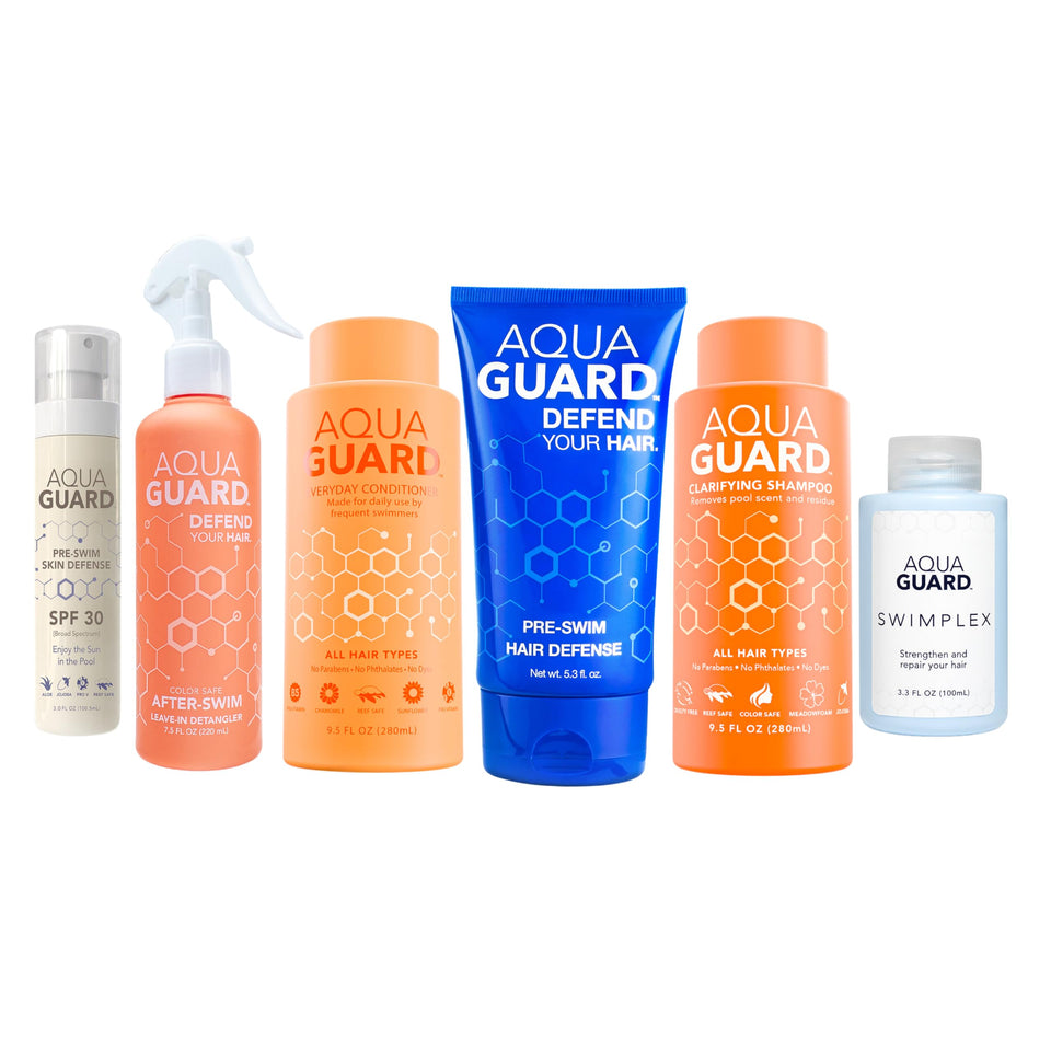 AQUA GUARD Pre-Swim Hair Defense applies a protective barrier before swimming to reduce chlorine exposure