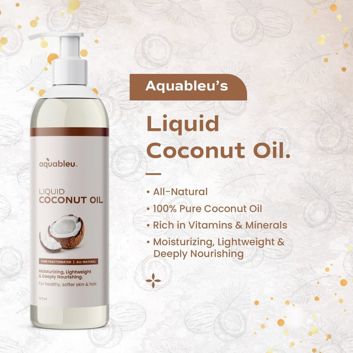Aquableu coconut oil on hair delivering soft, shiny, easy-to-manage strands.