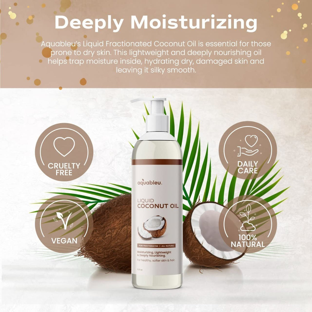 Aquableu all-natural coconut oil bottle label highlighting pure ingredients.