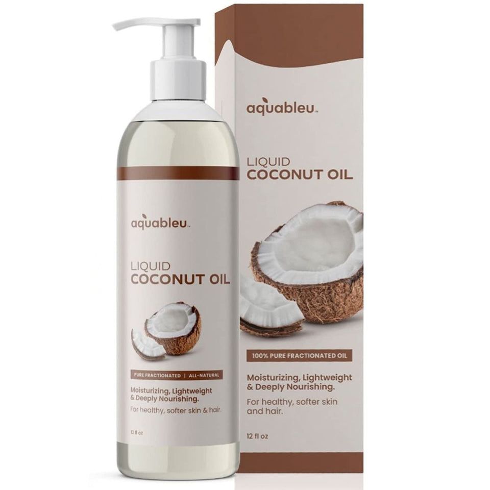 Aquableu fractionated coconut oil bottle showing pure, lightweight skin hydration.