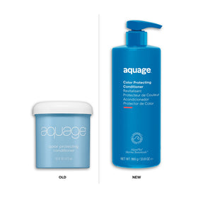 Aquage Color Protecting Conditioner bottle label closeup emphasizes color protection and moisture.