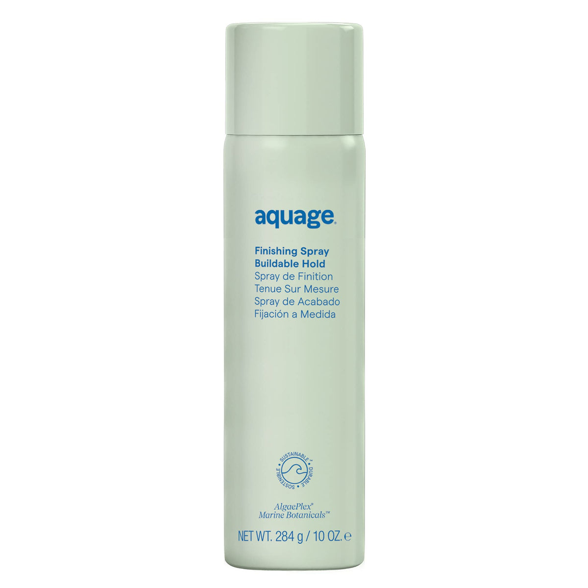 Aquage finishing hair spray bottle demonstrates portable, flexible hold for day-to-night styles.