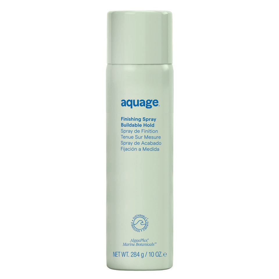 Aquage finishing hair spray bottle demonstrates portable, flexible hold for day-to-night styles.