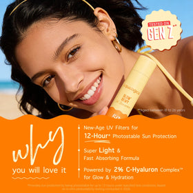 Aqualogica Glow+ Dewy Sunscreen applied on cheek highlighting natural glow.