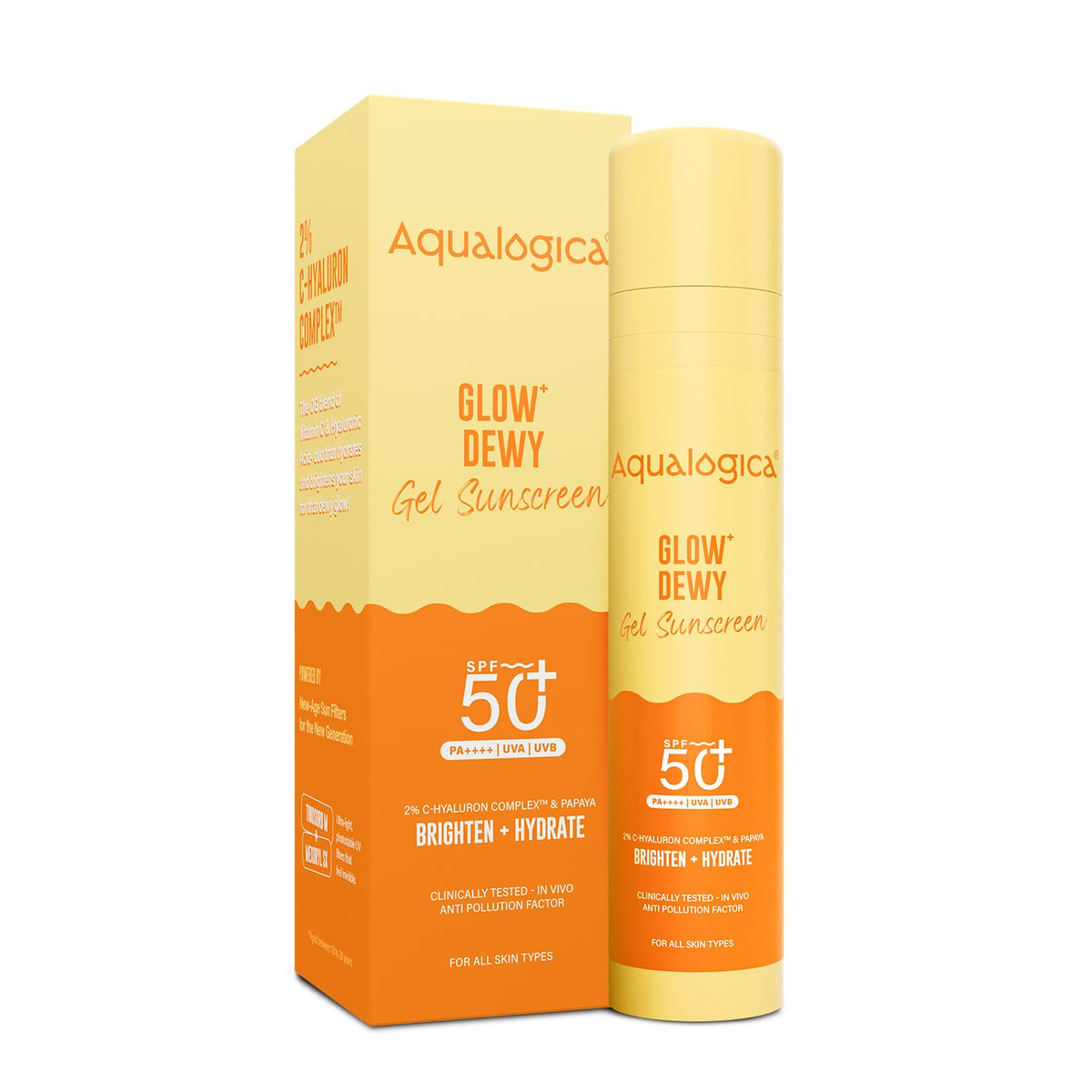 Aqualogica Glow+ Dewy Sunscreen bottle shot offers quick daily protection.