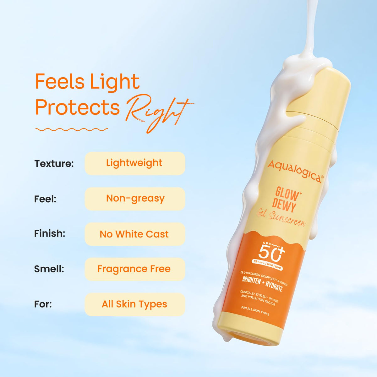 Aqualogica Glow+ Dewy Sunscreen 2% C-Hyaluron visual highlight.