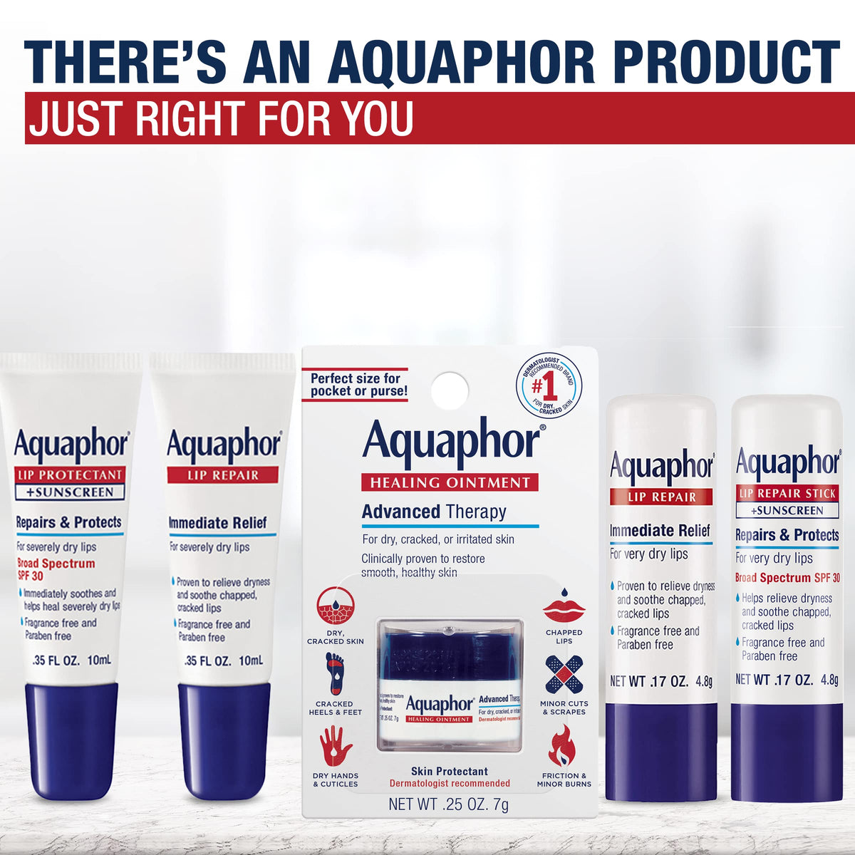 Bulk display of Aquaphor Lip Repair tubes for long-lasting lip care