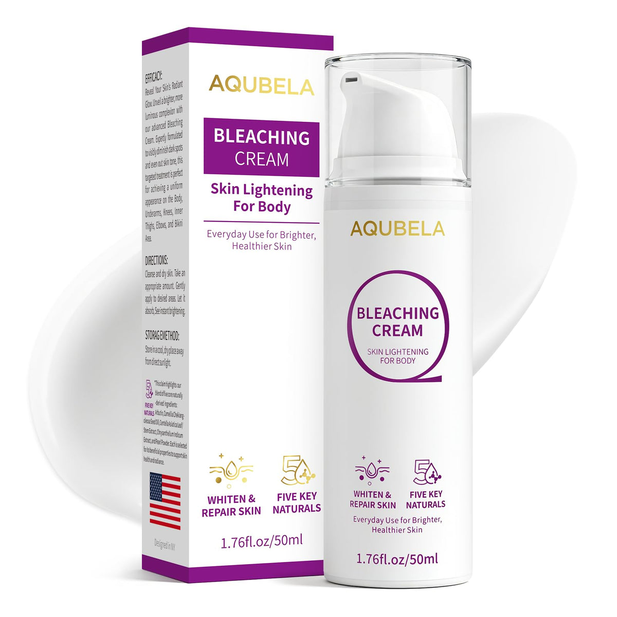 AQUBELA Skin Lightening Cream packaging back displays usage guidance.