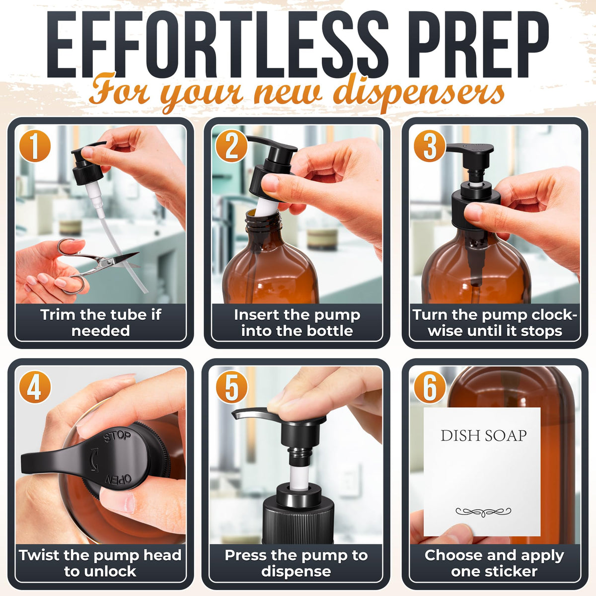Aquue amber bottle with pump offers convenient storage for shampoo or body wash.