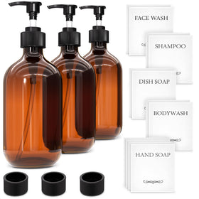 Aquue amber dispenser set of 3 with pumps for organized bathroom storage and refilling.