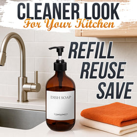 Aquue bathroom organization with amber bottles helps tidy countertops and shower shelves.