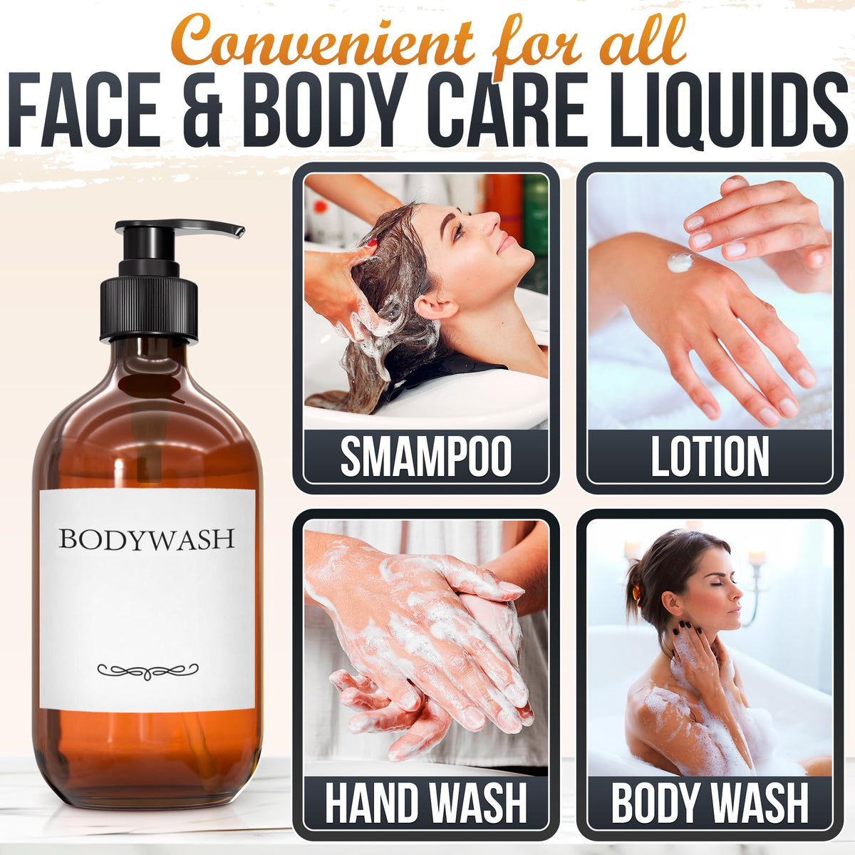 Aquue shower amber bottle set provides easy access to soap and shampoo.
