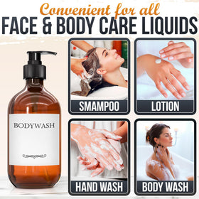 Aquue shower amber bottle set provides easy access to soap and shampoo.