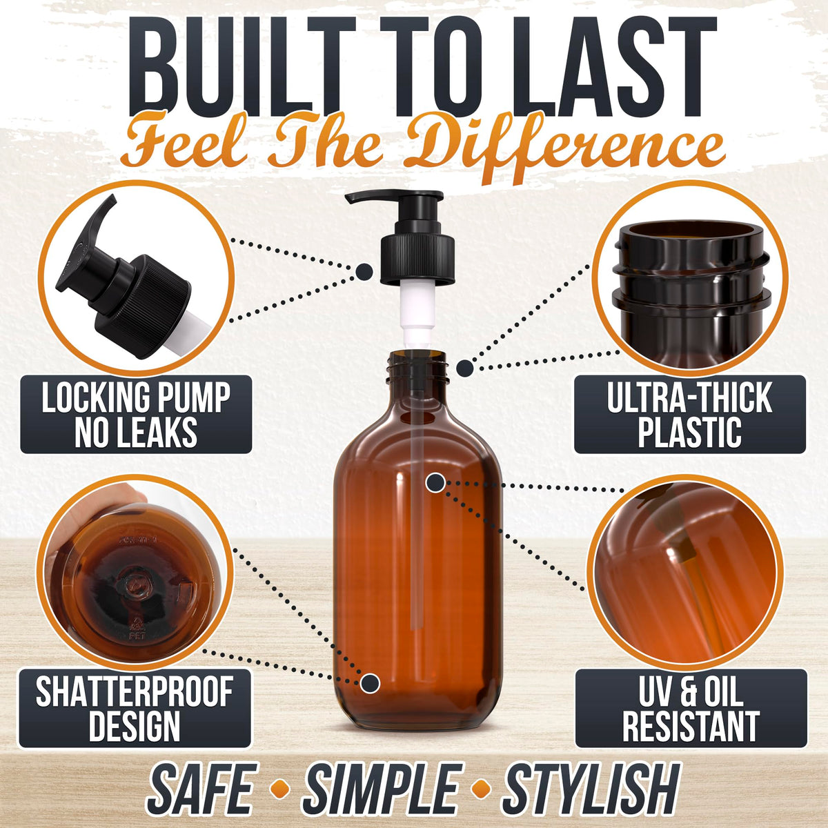 Aquue wide-mouth amber bottle makes refills quick and spill-free in busy home kitchens.
