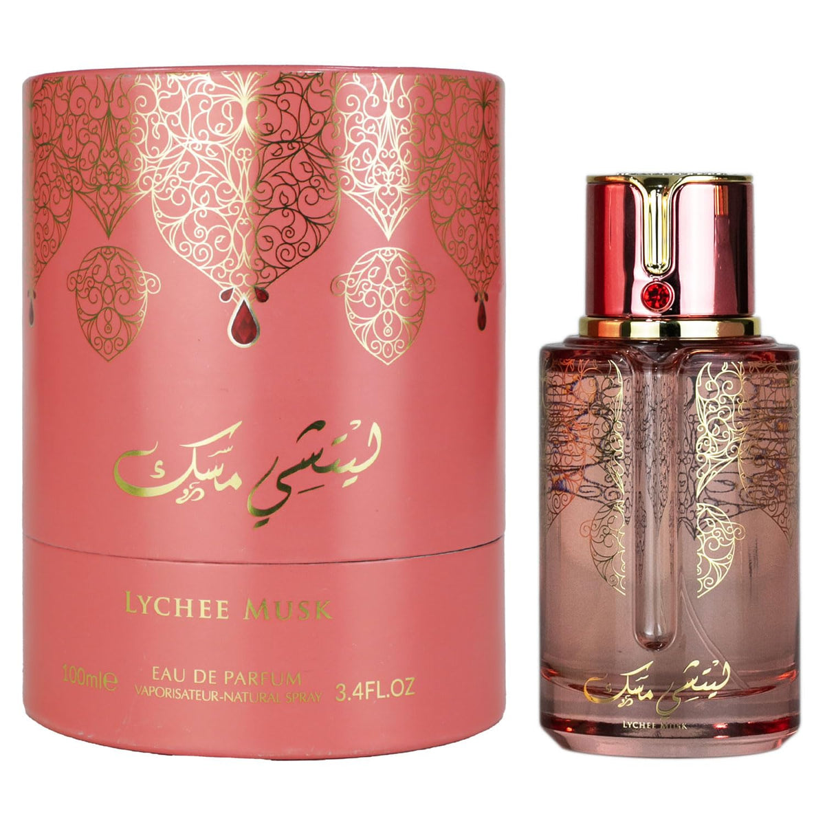 ARABIYAT Prestige Lychee Musk bottle front highlights unisex luxury fragrance for daily wear.