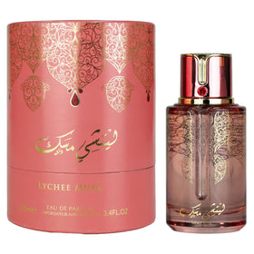 ARABIYAT Prestige Lychee Musk bottle front highlights unisex luxury fragrance for daily wear.