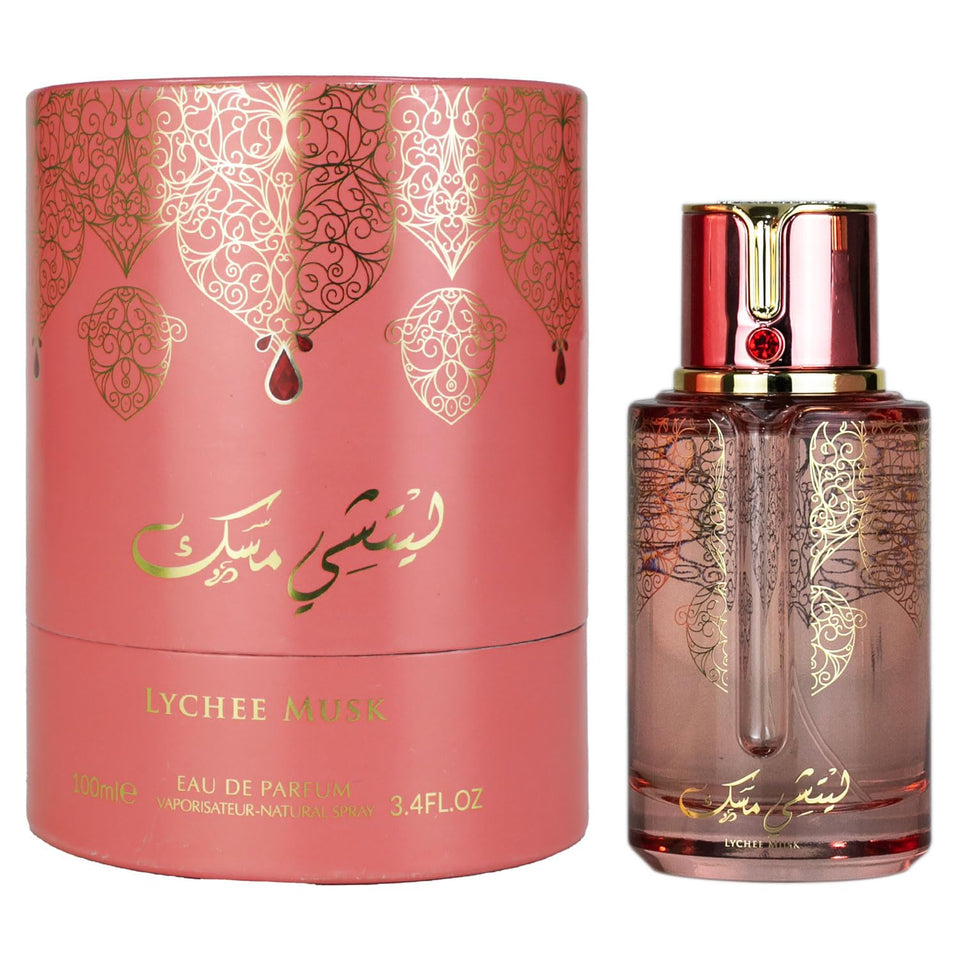 ARABIYAT Prestige Lychee Musk bottle front highlights unisex luxury fragrance for daily wear.