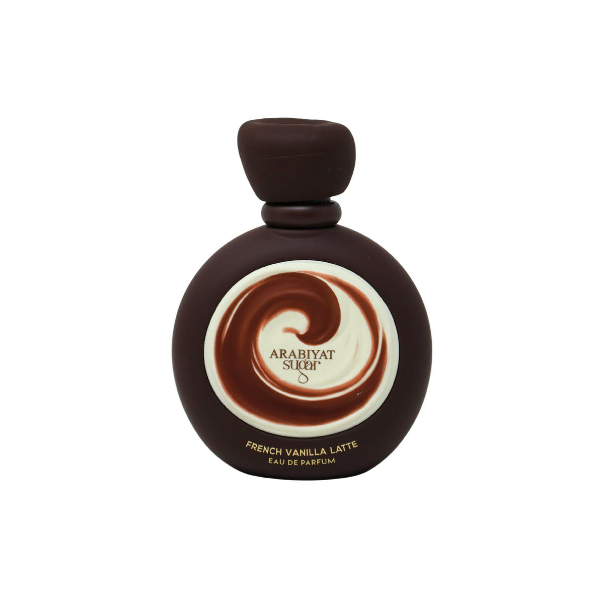 Arabiyat Sugar French Vanilla Latte EDP bottle closeup highlighting premium packaging and luxurious details.