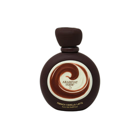 Arabiyat Sugar French Vanilla Latte EDP bottle closeup highlighting premium packaging and luxurious details.