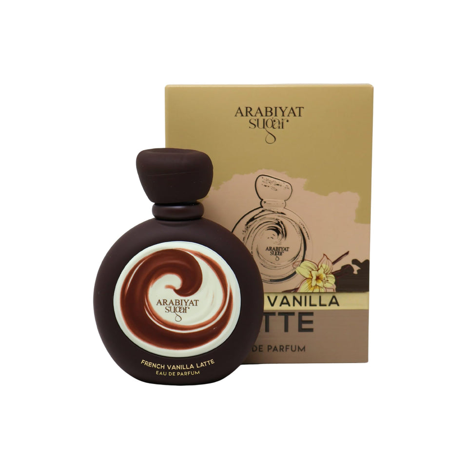 Arabiyat Sugar French Vanilla Latte EDP bottle front, inviting gourmand mood for daytime and evening wear.