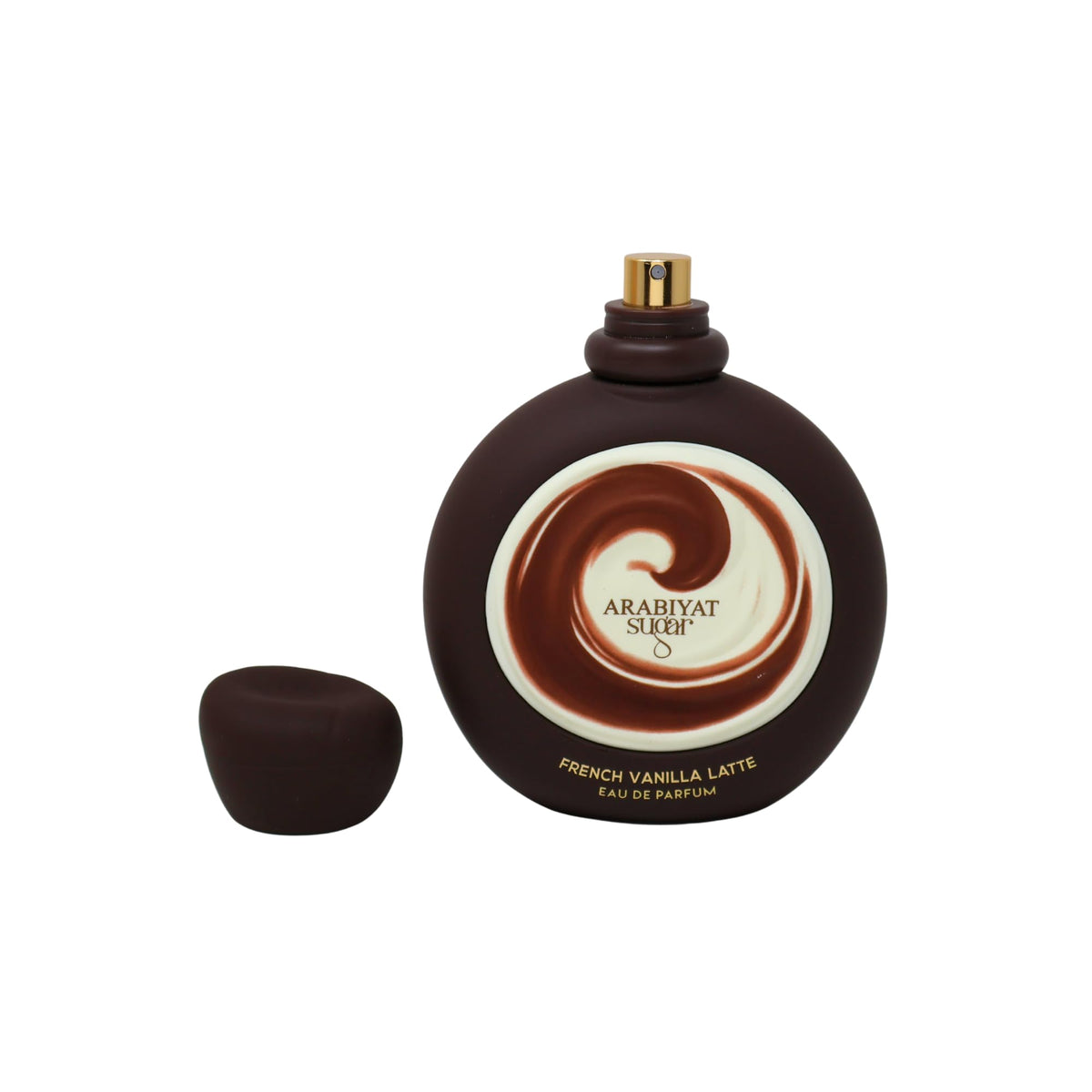 Arabiyat Sugar French Vanilla Latte EDP cap detail shows brand mark and refined presentation.