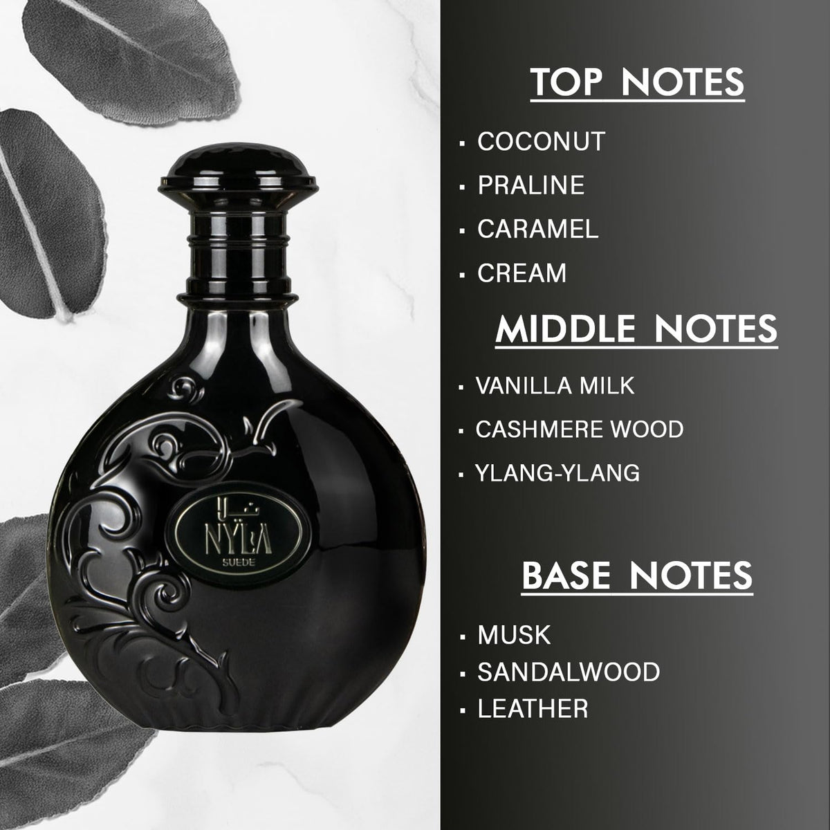 ARABIYAT Nyla Suede bottle closeup reveals smooth glass and elegant silhouette