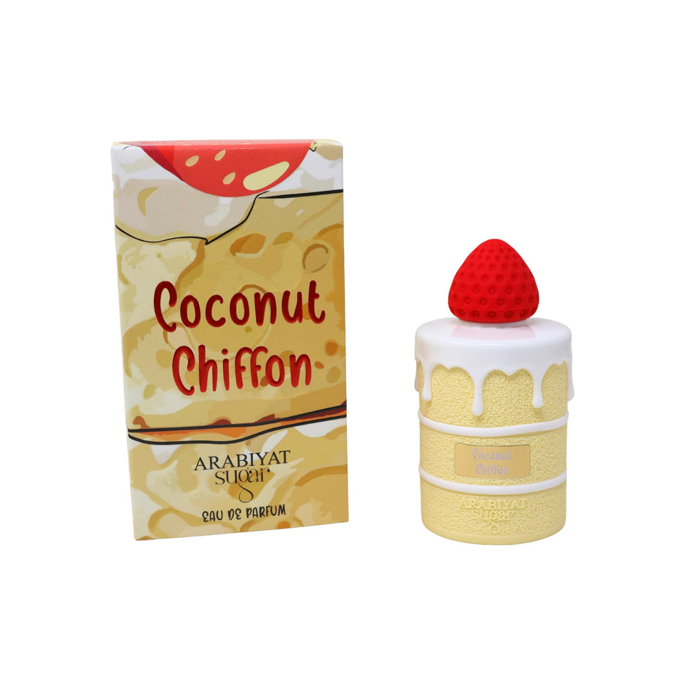 Arabiyat Sugar Coconut Chiffon bottle highlights creamy coconut opening for tropical allure.