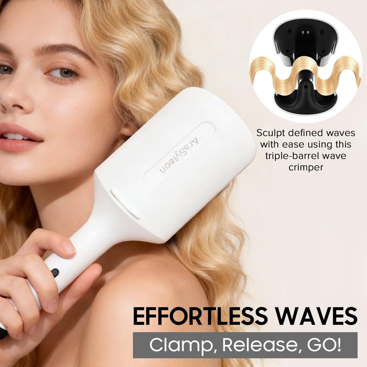 AraSyleon three-barrel waver with ceramic coating for smooth, lasting curls.