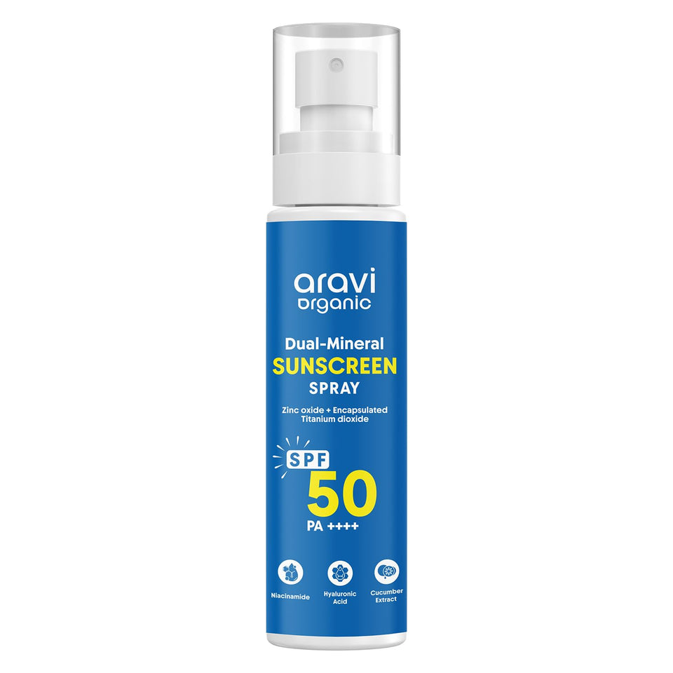 Aravi Organic dual-mineral sunscreen spray bottle for easy, portable sun protection.