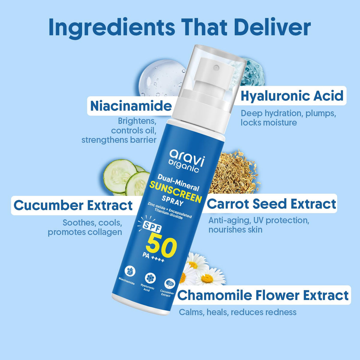 Aravi Organic spray with zinc oxide and titanium dioxide offers mineral protection.