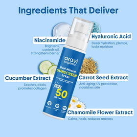Aravi Organic spray with zinc oxide and titanium dioxide offers mineral protection.