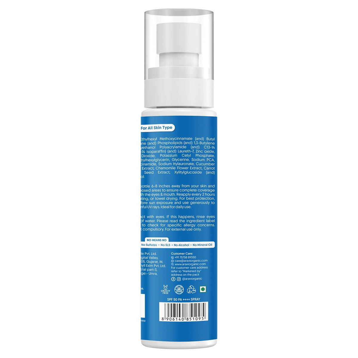 Aravi Organic spray label emphasizes mineral ingredients for skin-friendly protection.