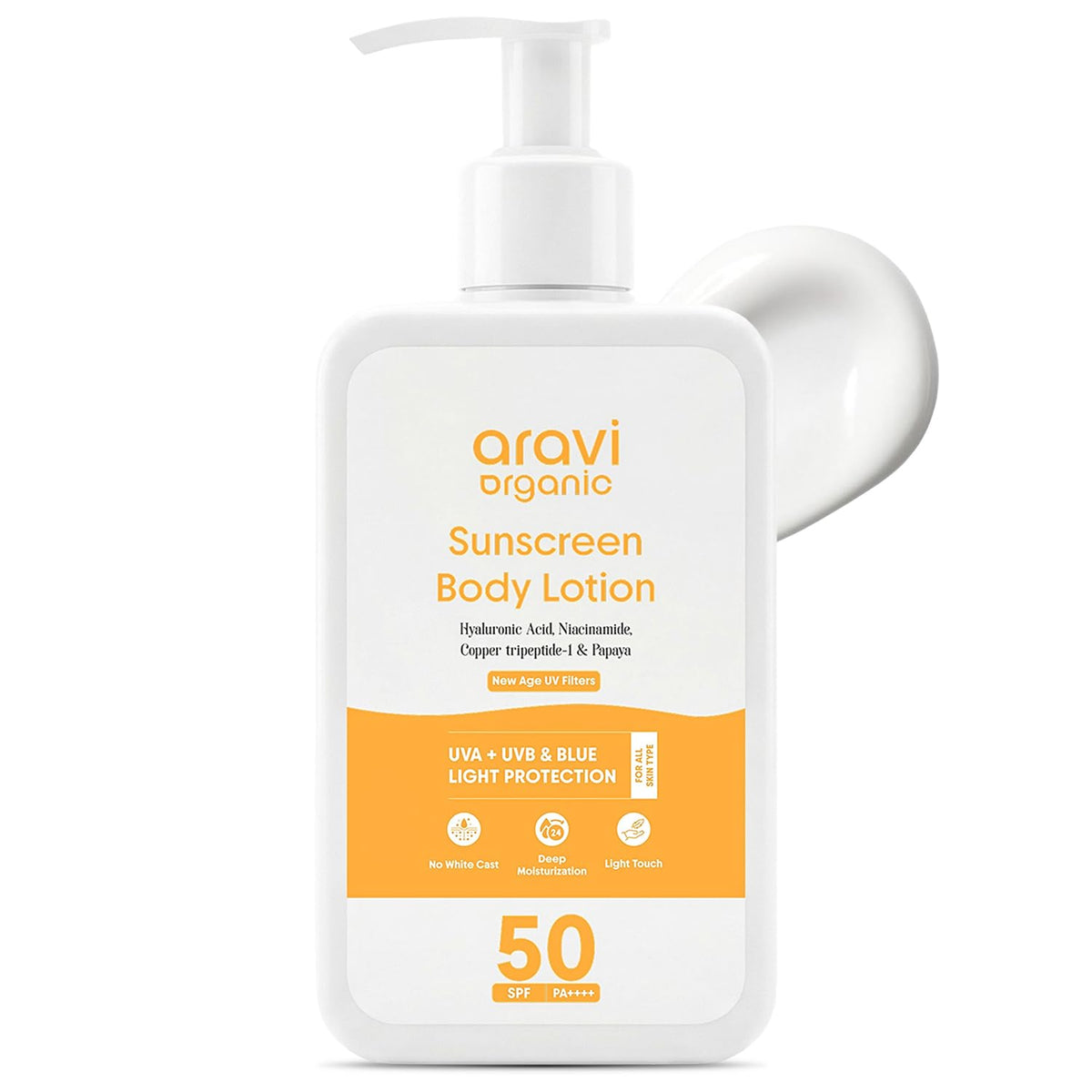 Aravi Organic Sunscreen Body Lotion bottle close-up showing broad-spectrum protection for everyday skin
